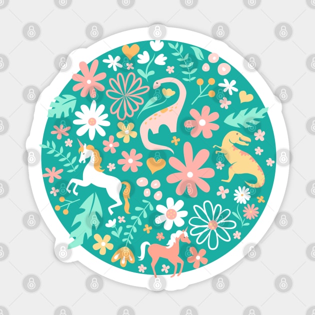 Dinosaurs + Unicorns in Teal Sticker by latheandquill